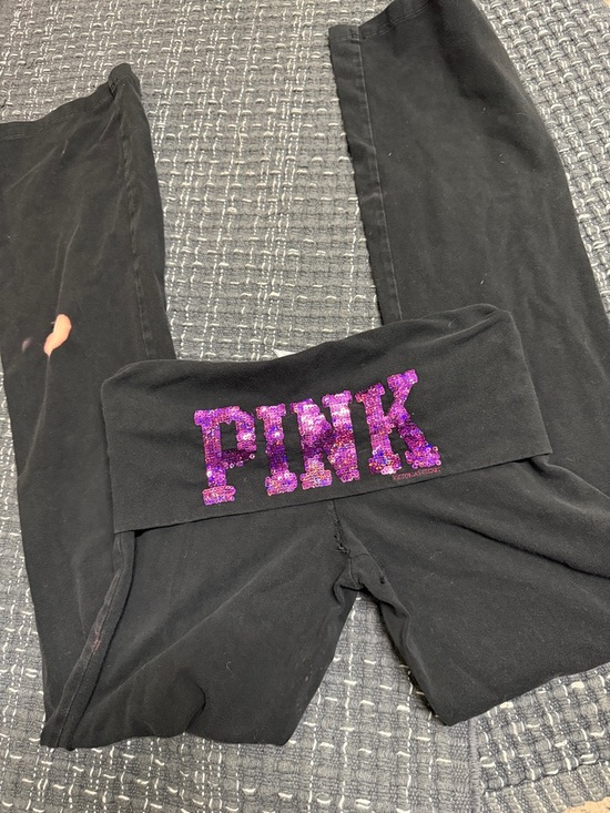 PINK Victoria's Secret Pants - PINK Victoria's Secret Black Fold-Over Leggings with Purple Sequin Logo